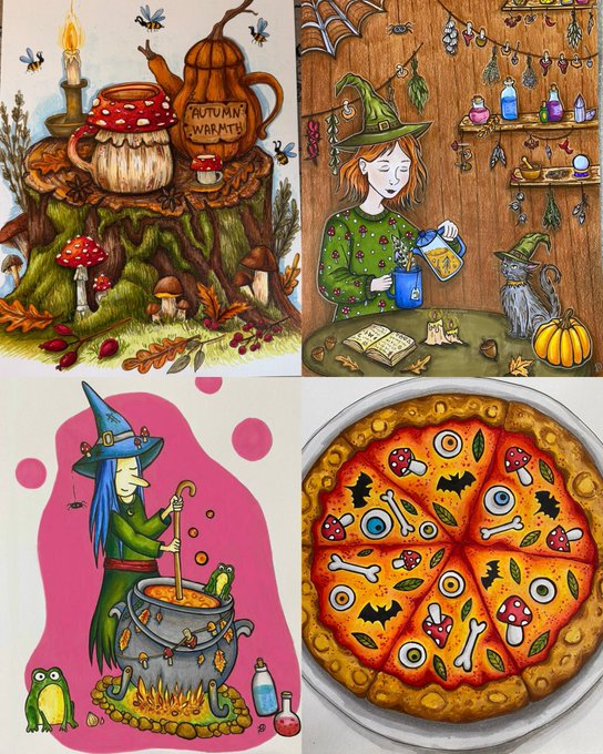 A collage of four whimsical autumn/Halloween illustrations featuring a mug labeled 'AUTUMN WARMTH' on a mossy stump, a witch brewing potions with a cat, another witch stirring a cauldron, and a Halloween-themed pizza decorated with mushrooms, bats, eyeballs, and bones.