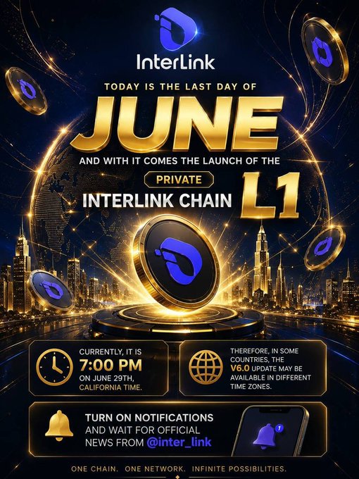 A promotional graphic for 'InterLink' announces the launch of the 'Private InterLink Chain L1' on the last day of June, noting it is currently 7:00 PM on June 29th California time, with a V6.0 update mentioned for different time zones.