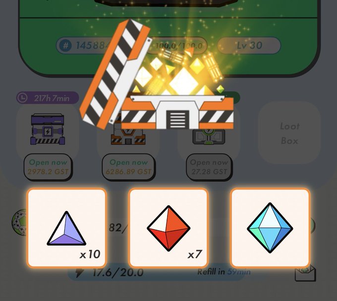 A mobile game screen shows a glowing treasure chest opening to reveal gem rewards, with an open loot box and GST currency options in the background.