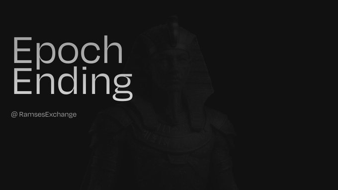 A shadowy pharaoh statue looms in the background behind the text "Epoch Ending" and "@ RamsesExchange," visually reinforcing the Ramses-themed crypto governance announcement about voting rewards on HyperEVM.