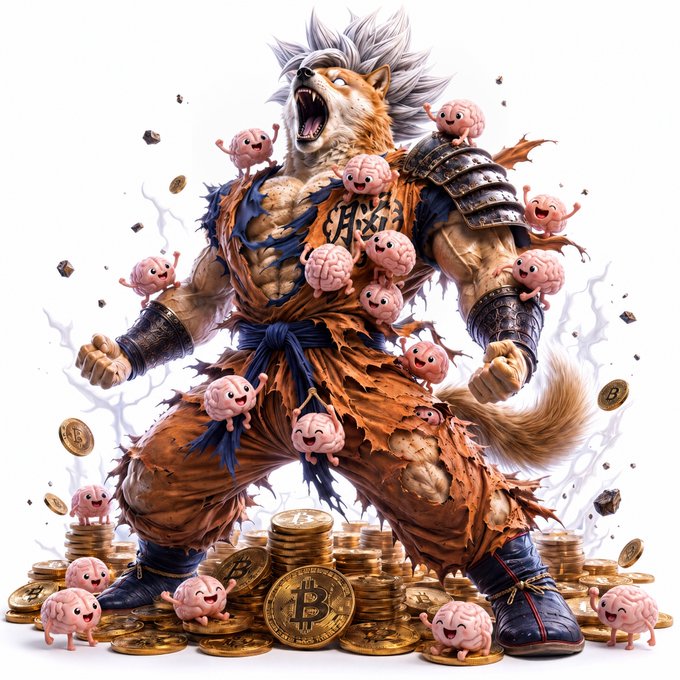 A digital artwork depicting a muscular, anthropomorphic dog-like warrior character wearing torn orange gi pants, surrounded by cartoonish pink brains and piles of Bitcoin coins.