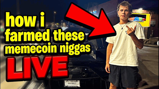 A YouTube thumbnail-style image shows a young man pointing at the text 'how i farmed these memecoin niggas LIVE' with a large red arrow pointing to him, set against a nighttime background with a black car.