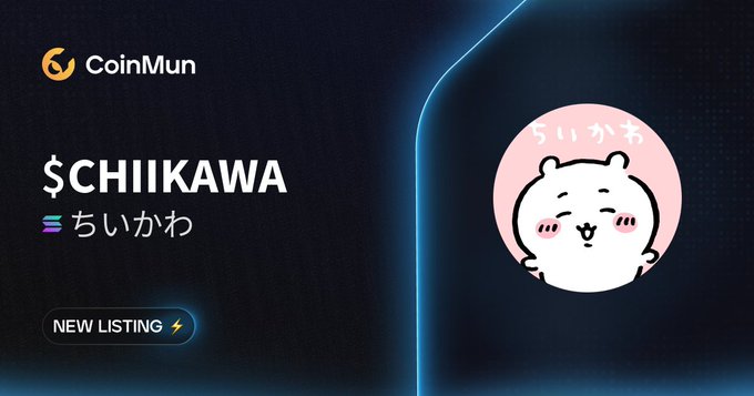 A CoinMun new listing announcement for the $CHIIKAWA (ちいかわ) token, featuring the platform's logo on the left and a pink circular icon of the cute smiling Chiikawa character with Japanese text "ちいかわ" above it on the right, with a "NEW LISTING" badge displayed below the ticker name.