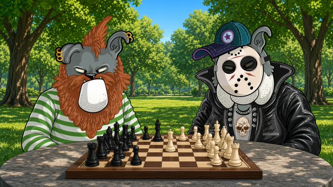 A cartoon illustration of two characters playing chess at a stone table in a park: one wearing a striped shirt and an orange furry mask, and another wearing a hockey mask and leather jacket.