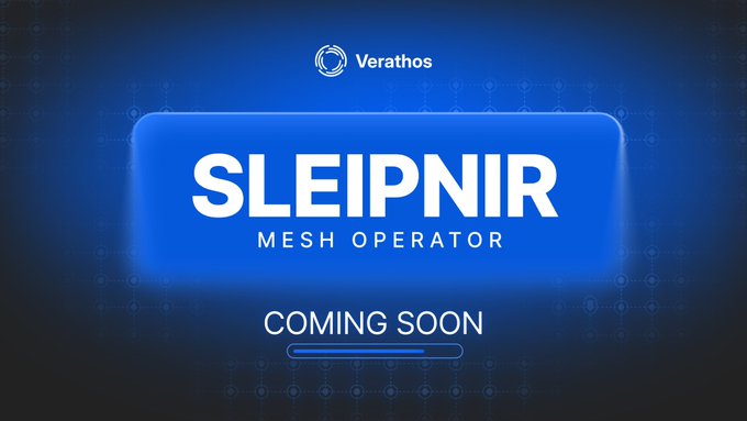 Verathos promotional graphic announcing 'SLEIPNIR MESH OPERATOR' as 'COMING SOON' on a blue glowing background.