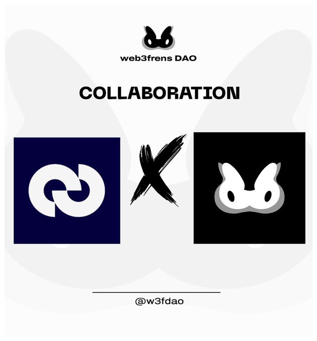 A collaboration announcement graphic for 'web3frens DAO' featuring two logos separated by an 'X', with the handle '@w3fdao' at the bottom.