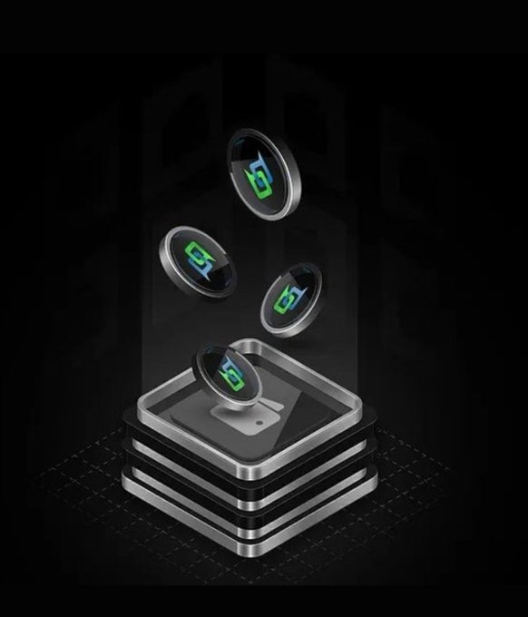 A 3D rendered image displays silver coins with a green 'B' logo floating above a stack of black and silver platforms against a dark background.
