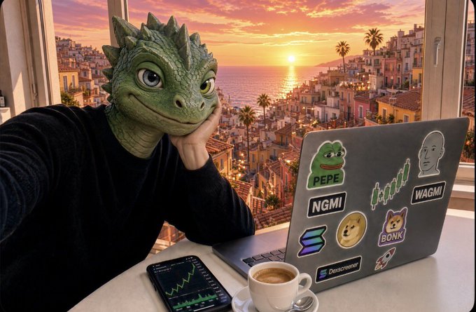 An AI-generated image of a green reptilian humanoid character at a desk with a sticker-covered laptop (featuring PEPE, NGMI, WAGMI, BONK), a phone showing a stock chart, and a coffee cup, set against a coastal city sunset view.