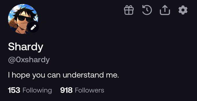 A dark-mode social media profile page for 'Shardy' (@0xshardy) featuring an anime-style avatar of a character with sunglasses, the bio reading 'I hope you can understand me.', with 153 Following and 918 Followers.