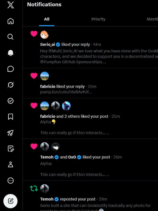 A screenshot of X (Twitter) notifications showing likes from accounts including Serio ai, fabricio, Temoh, and 0x0, with mentions of Grok, Pump.fun, and a post about 'Alpha'.