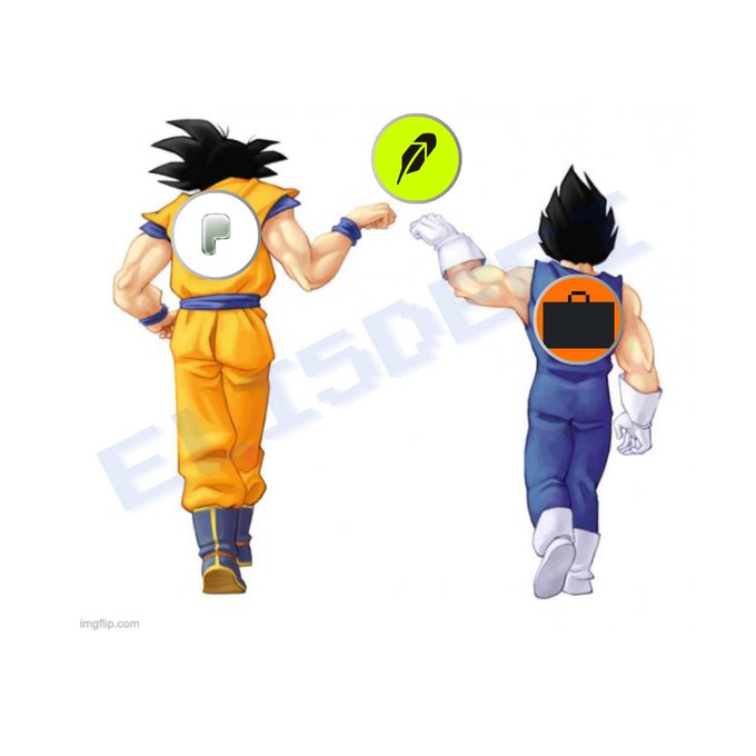 Two Dragon Ball characters fist-bumping are humorously edited with Robinhood and briefcase logos on their backs, visually representing the post's joke about Robinhood App chain leaders, with an imgflip.com watermark visible.