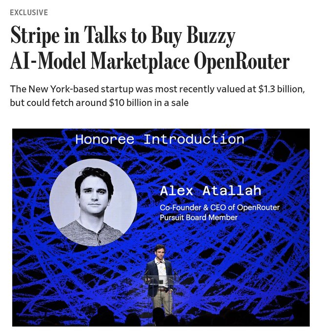 The image shows a Business Insider exclusive article headlined "Stripe in Talks to Buy Buzzy AI-Model Marketplace OpenRouter," noting the New York-based startup was last valued at $1.3 billion but could sell for around $10 billion. It features a photo of OpenRouter Co-Founder & CEO Alex Atallah speaking at a "Honoree Introduction" event against a blue chaotic background, visually tying to the post's commentary about OpenSea co-founder Atallah potentially cashing in big on his newer venture.