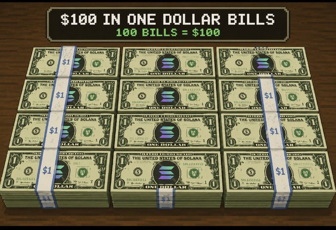 Stacks of prop money designed to look like US currency labeled 'THE UNITED STATES OF SOLANA' and 'ONE DOLLAR' are bundled under a banner reading '$100 IN ONE DOLLAR BILLS / 100 BILLS = $100.'