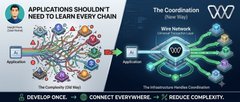 The image presents a slide titled "APPLICATIONS SHOULDN'T NEED TO LEARN EVERY CHAIN" alongside "The Coordination (New Wires)" diagram showing Wire Network and Rails architecture, with the tagline "CONNECT EVERYWHERE, REDUCE COMPLEXITY" and text explaining how the infrastructure mediates contributions—visually illustrating how fragmented, tangled blockchain connections (left) are replaced with a streamlined coordination network (right), directly supporting the post's critique of bridges and wrapped assets being makeshift fixes for inter-chain communication.