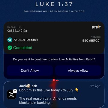 The image shows a completed 70 USDT deposit notification from ByBit on the BSC (BEP20) network, displayed over a "Luke 1:37 - For nothing will be impossible with God" background, with a post about receiving a 70 USDT payment. It visually confirms the payment notification the poster is celebrating waking up to, which they plan to reinvest into their $ANSEM holdings.