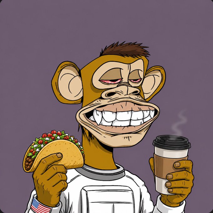 A cartoon illustration of a grinning monkey with half-closed eyes, wearing a white sweatshirt with an American flag patch, holding a taco in one hand and a steaming coffee cup in the other against a purple background.