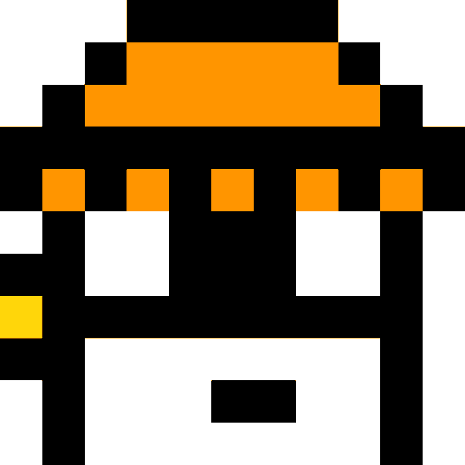 Pixel art character design with an orange top, black face/body, and white square eyes, set against a white background.