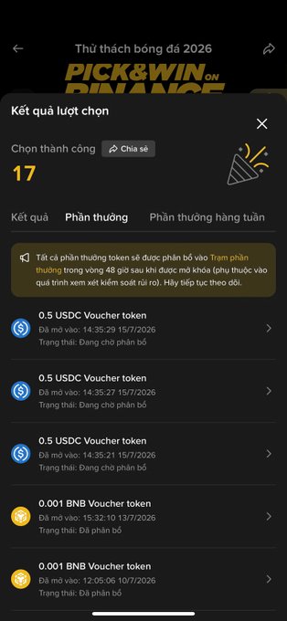A mobile screenshot from Binance's "Pick & Win" football challenge 2026 shows the user's results page after 17 successful picks, with token rewards listed—three 0.5 USDC Voucher tokens (each ~0.5 USDC) and two 0.001 BNB Voucher tokens (each ~0.001 BNB)—visually supporting the user's complaint about receiving only 3 USDC after completing all tasks in the BinanceTurn9 campaign.