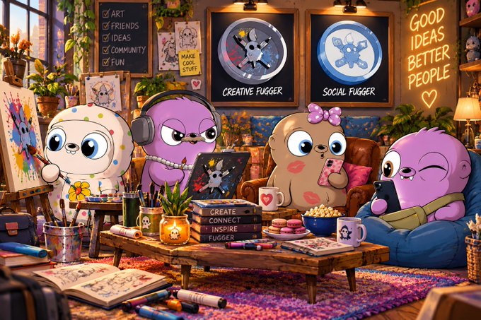 A colorful digital illustration featuring cartoon octopus characters in a creative studio, with posters labeled 'CREATIVE FUGGER' and 'SOCIAL FUGGER', and signs reading 'GOOD IDEAS BETTER PEOPLE' and 'CREATE CONNECT INSPIRE FUGGER'.
