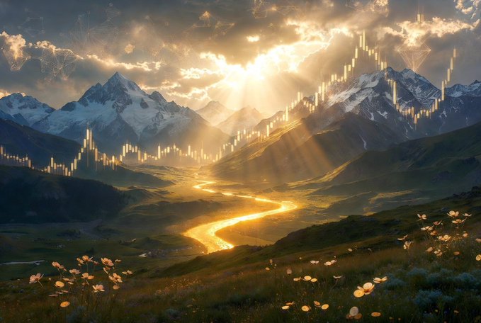 A fantasy landscape featuring snow-capped mountains with sun rays bursting through clouds, a glowing golden river winding through green hills, wildflowers in the foreground, and faint geometric/financial chart patterns overlaid in the sky.