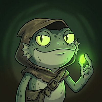 An illustration of a green lizard-like humanoid character wearing a hooded cloak and holding a glowing green object.