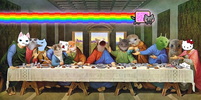 A parody of 'The Last Supper' painting features various animals, cats, and Hello Kitty as the disciples, complete with a rainbow and pixel cat graphic.