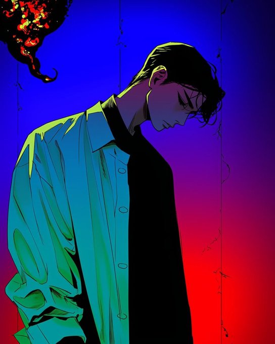 Stylized illustration of a brooding man in a light jacket against a vibrant blue and red gradient background, with a dark, swirling form above his head.