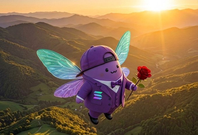 A whimsical 3D illustration of a cute purple cartoon character wearing a suit, bow tie, and cap, with translucent iridescent fairy wings, holding a red rose while floating over a mountainous landscape bathed in golden sunset light.