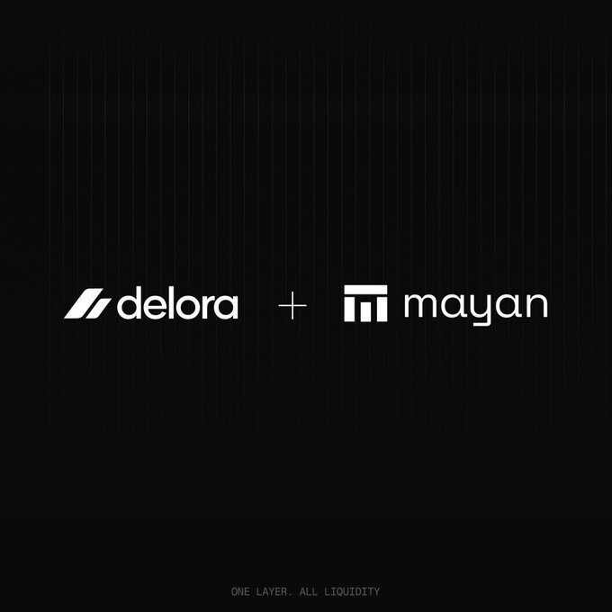 A dark graphic displaying logos for 'delora' and 'mayan' joined by a plus sign, with the tagline 'ONE LAYER. ALL LIQUIDITY.' at the bottom.