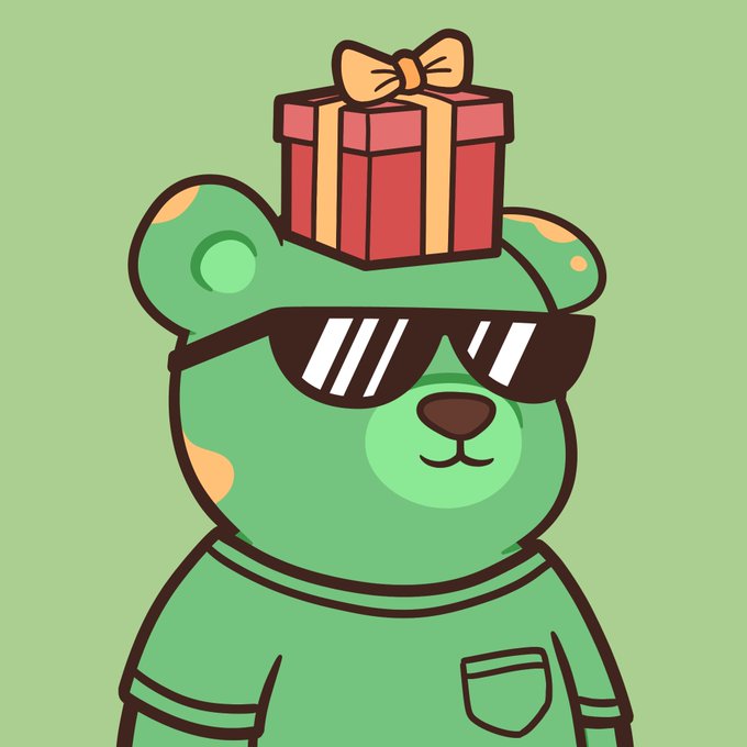 A cartoon illustration of a green bear wearing sunglasses, with a red gift box topped with a yellow bow balanced on its head, set against a light green background.