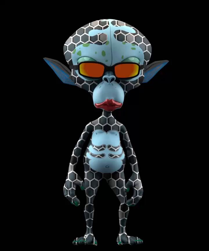 The image features a 3D rendering of a cartoon character, likely a monkey or a gorilla, wearing glasses and standing against a black background. The character has a unique appearance with blue eyes and red lips, giving her an interesting and eye-catching look. The character is also described as having a "fat" body, which adds to the overall visual appeal of the image.