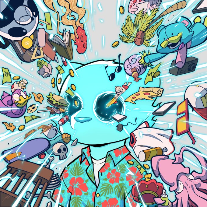 A surreal cartoon character in a red floral Hawaiian shirt stands with a glowing blue portal for a head, from which a chaotic explosion of objects—including hamburgers, pizza, anime merchandise, a parasaurolophus, and plush toys—radiates outward against a bright sky, matching the poster's playful spirit of sharing a newly collected NFT mascot named "Kabu" in their digital gallery.