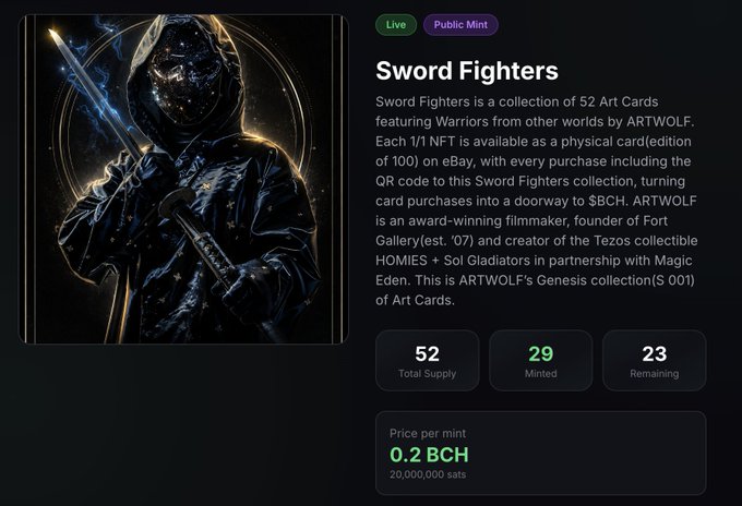 A NFT mint page for 'Sword Fighters,' an ARTWOLF collection of 52 art cards, priced at 0.2 BCH, with 29 minted and 23 remaining.
