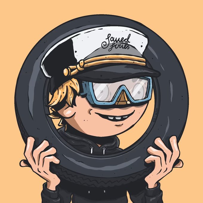 A cartoon illustration of a young person wearing a sailor hat labeled 'Saued Jones', holding up a black tire in front of their face against a tan background.