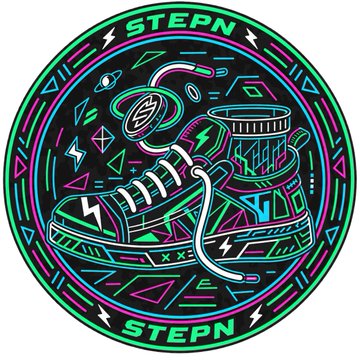 A circular neon-style badge featuring a sneaker, jump rope, and coin set against a space-themed background with lightning bolts and the word "STEPN" displayed at both the top and bottom.