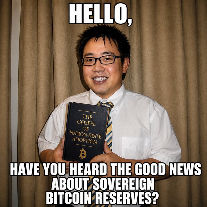 A young man in a white shirt and tie smiles while holding a Bible titled "THE GOSPEL OF NATION-STATE ADOPTION" with a Bitcoin symbol on the cover. The image is overlaid with meme text reading "HELLO, HAVE YOU HEARD THE GOOD NEWS ABOUT SOVEREIGN BITCOIN RESERVES?" — playing on door-to-door evangelism imagery to satirically promote Bitcoin adoption by nation-states, humorously framed as religious evangelism in line with the "KNOCK, KNOCK, KNOCK" caption.