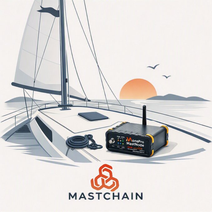 A small Mastchain/MastNode device sits on the deck of a sailboat against a serene sunset seascape, illustrating how the plug-and-play DePIN hardware can be easily deployed anywhere—even out at sea—to begin earning network rewards. The image visually reinforces the post's point that the project has finally shipped a tangible product instead of just sharing diagrams.