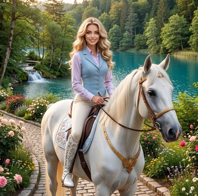 The image features a woman riding a white horse, with her hair blowing in the wind as she enjoys the outdoors. The scene takes place near a body of water, which adds to the overall beauty of the setting. In the background, there are flowers blooming, enhancing the picturesque atmosphere. The post seems to be promoting an AI system that focuses on attention and engagement rather than surface-level metrics.