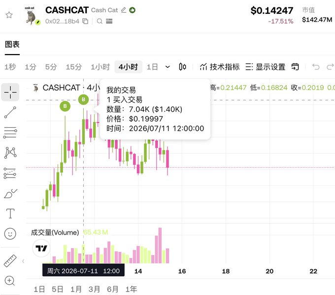 A cryptocurrency price chart for 'CASHCAT' showing a current price of $0.14247, down -17.51%, with a market cap of $142.47M and a recent buy transaction of 7.04K at $0.19997 on 2026/07/11.