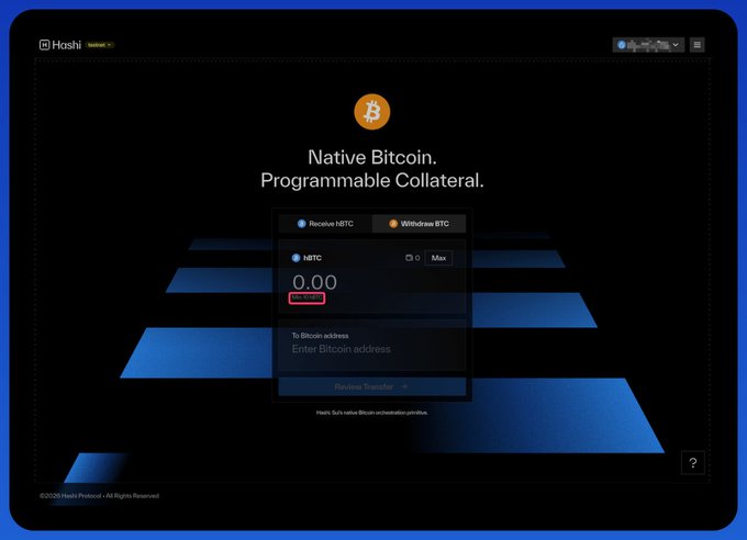 The Hoshi Protocol website with the tagline 'Native Bitcoin. Programmable Collateral.' showing an interface for converting between nBTC and Bitcoin with an amount field of 0.00.