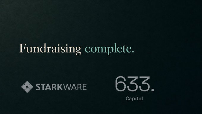 The image features a dark green announcement graphic with the text "Fundraising complete." alongside the StarkWare and 633 Capital logos, celebrating the closing of Shift Protocol's seed round with these investors' participation.