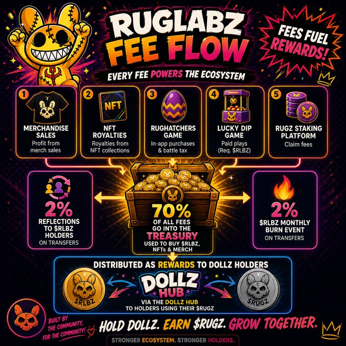 A colorful infographic titled 'RUGLABZ FEE FLOW' detailing how every fee powers the ecosystem, including merchandise sales, NFT royalties, and game rewards, with 70% of fees going into a treasure chest distributed as $RLBZ and $RUGZ to Dollz holders.