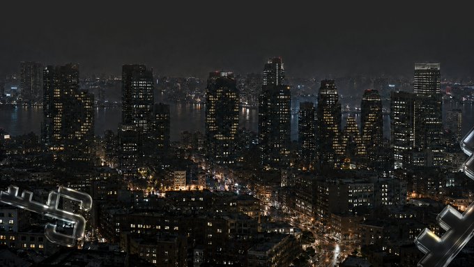 An aerial nighttime view of a sprawling city skyline with illuminated skyscrapers and streets, framed by decorative metal structures in the foreground.