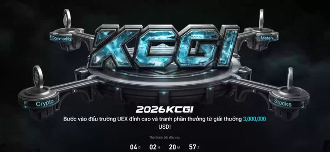 A promotional banner for the 'KCGI' trading competition featuring categories like Commodity, Metals, Crypto, and Stocks, offering a $3,000,000 USDT prize pool with a countdown timer at the bottom.