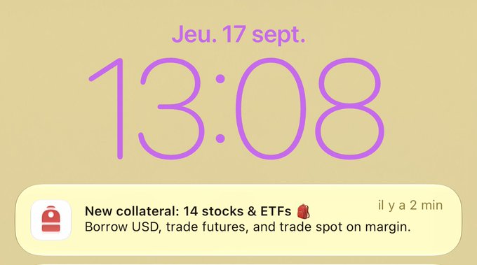 A lock screen showing Thursday, September 17th at 13:08, with a notification announcing "New collateral: 14 stocks & ETFs 🧱 Borrow USD, trade futures, and trade spot on margin," tying into the "Brickpack never stop" theme by referencing newly available assets for borrowing and trading.