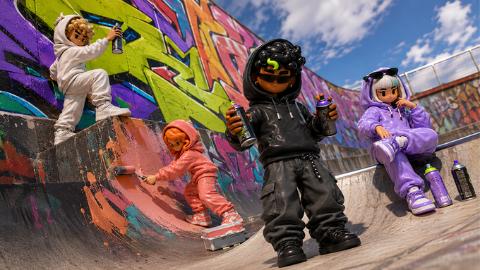 An action figure toy photography scene featuring stylized figurines at a graffiti-covered skate ramp, with characters holding spray paint cans.