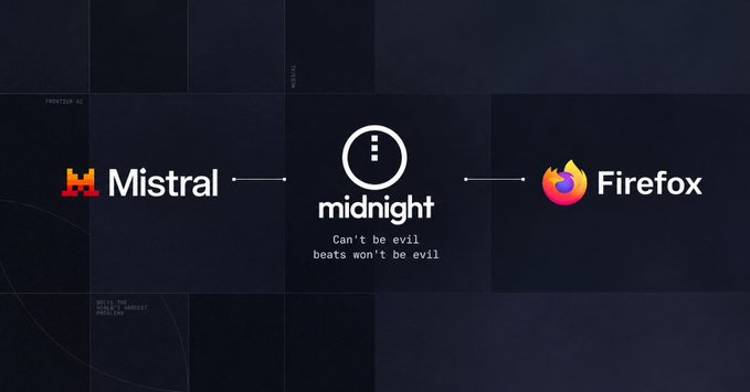 A dark graphic displaying logos for Mistral, Midnight (with text 'Can't be evil beats won't be evil'), and Firefox, connected by lines.