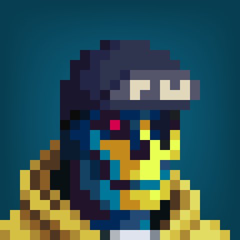 A pixel art portrait shows a hooded figure with dark clothing, a colorful scarf or mask covering the lower face, and a blank visor-like feature on the head.