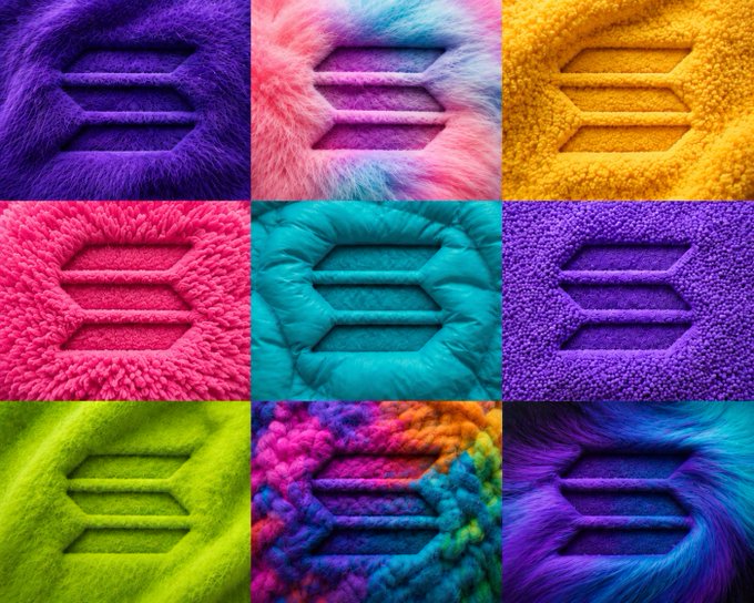 A 3x3 grid showcases various colorful textures—fur, fabric, and bubble patterns in shades of purple, pink, yellow, teal, green, and blue—each featuring an embossed Solana logo in the center.
