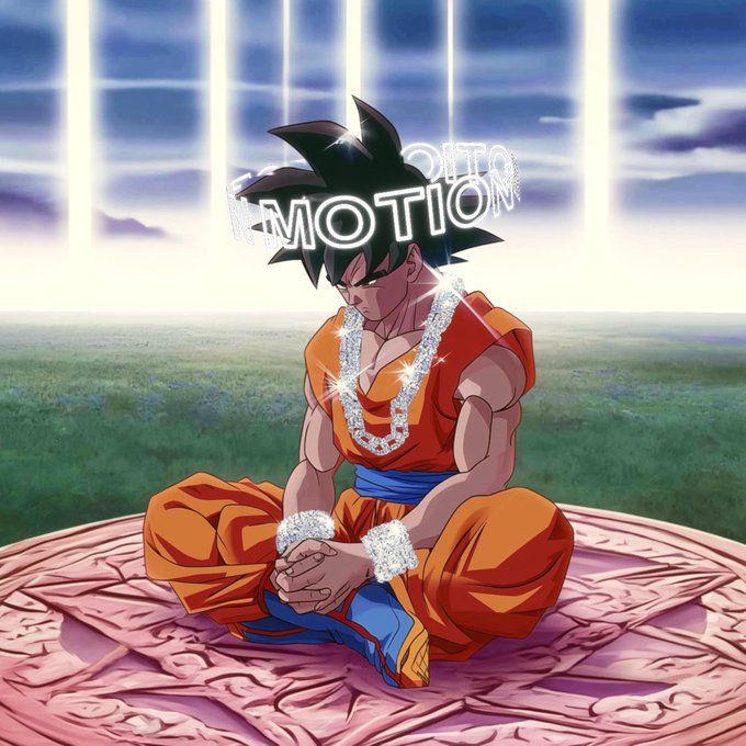 An anime image of Goku from Dragon Ball sitting cross-legged in a meditative pose on a pink circular platform with vertical light beams in the background, overlaid with the word 'MOTION'.